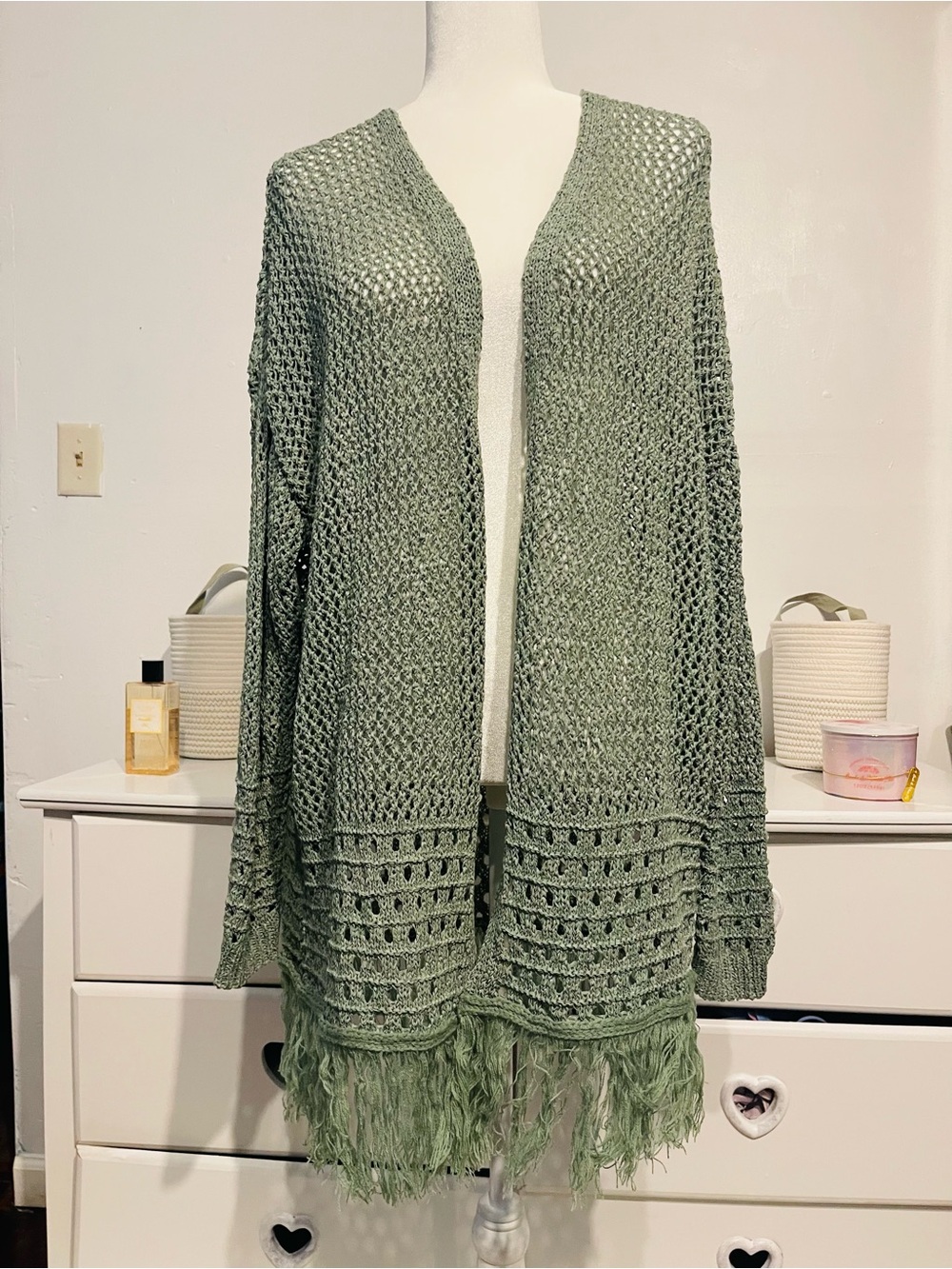 Audrey parks boho Lightweight Olive Green Crochet Fringe Cardigan Sweater L - Picture 2 of 14